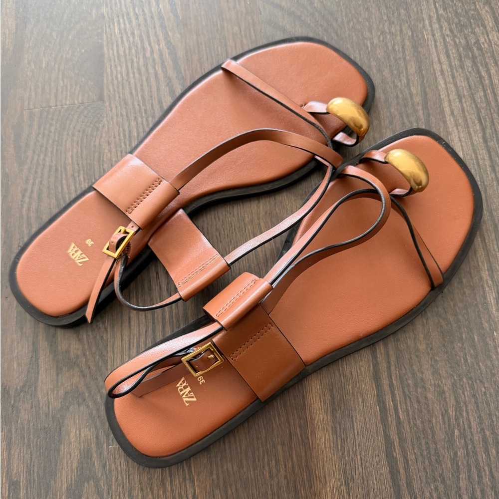 Zara Brown Leather Slingback Toe-Ring Sandals size 8 1/2 - 39EU